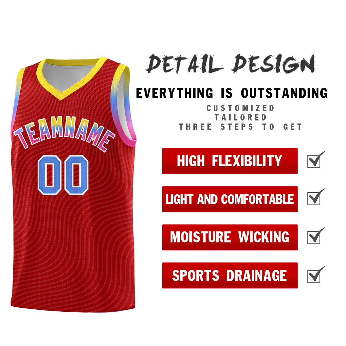 Custom Red Gold Wave Pattern Sports Uniform Basketball Kits