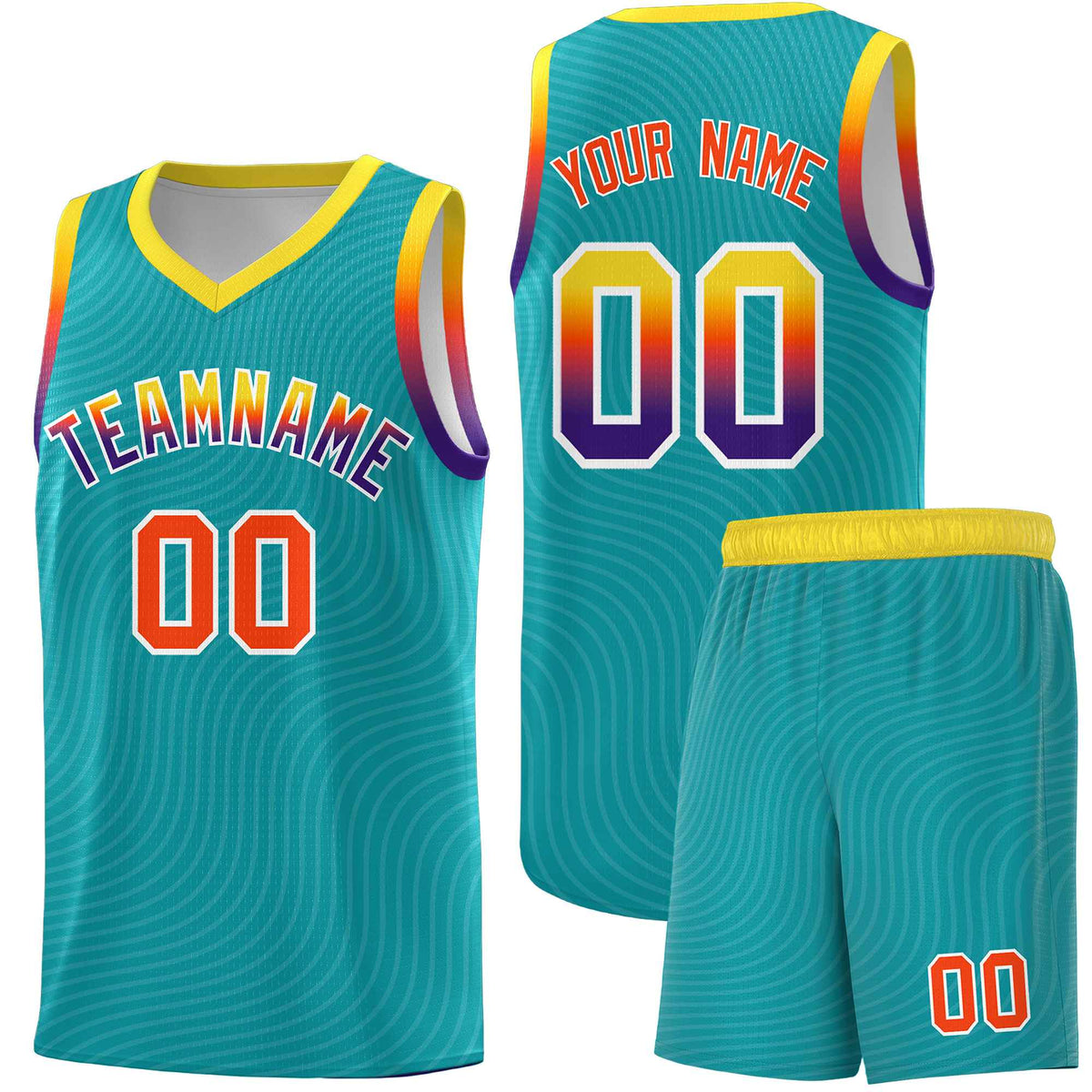 Custom Aqua Gold Wave Pattern Sports Uniform Basketball Kits