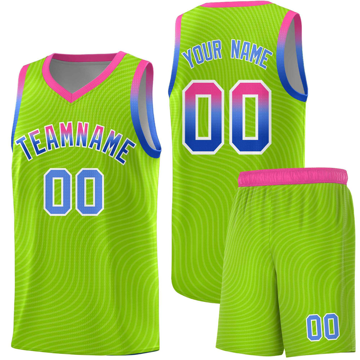 Custom Neon Green Pink Wave Pattern Sports Uniform Basketball Kits