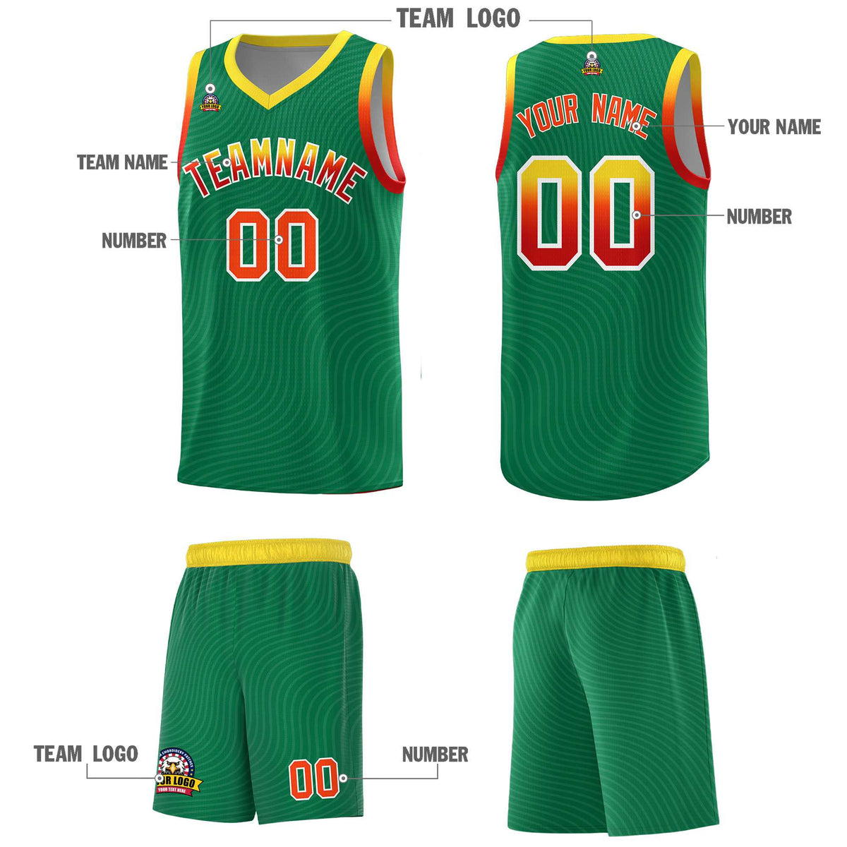 Custom Kelly Green Gold Wave Pattern Sports Uniform Basketball Kits
