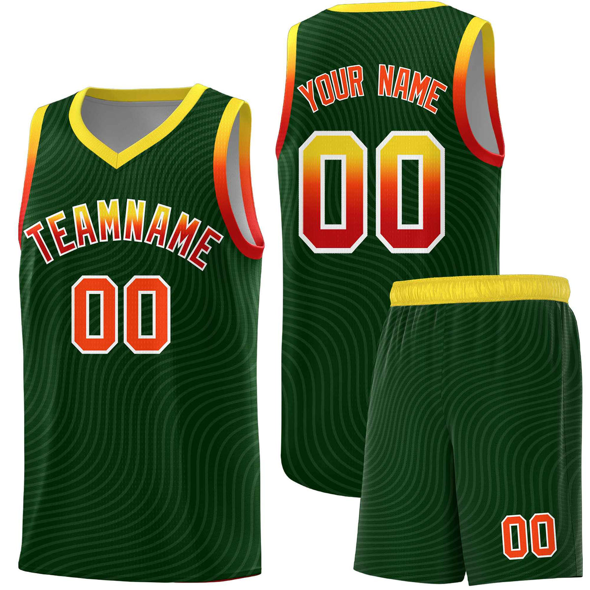 Custom Hunter Green Gold Wave Pattern Sports Uniform Basketball Kits