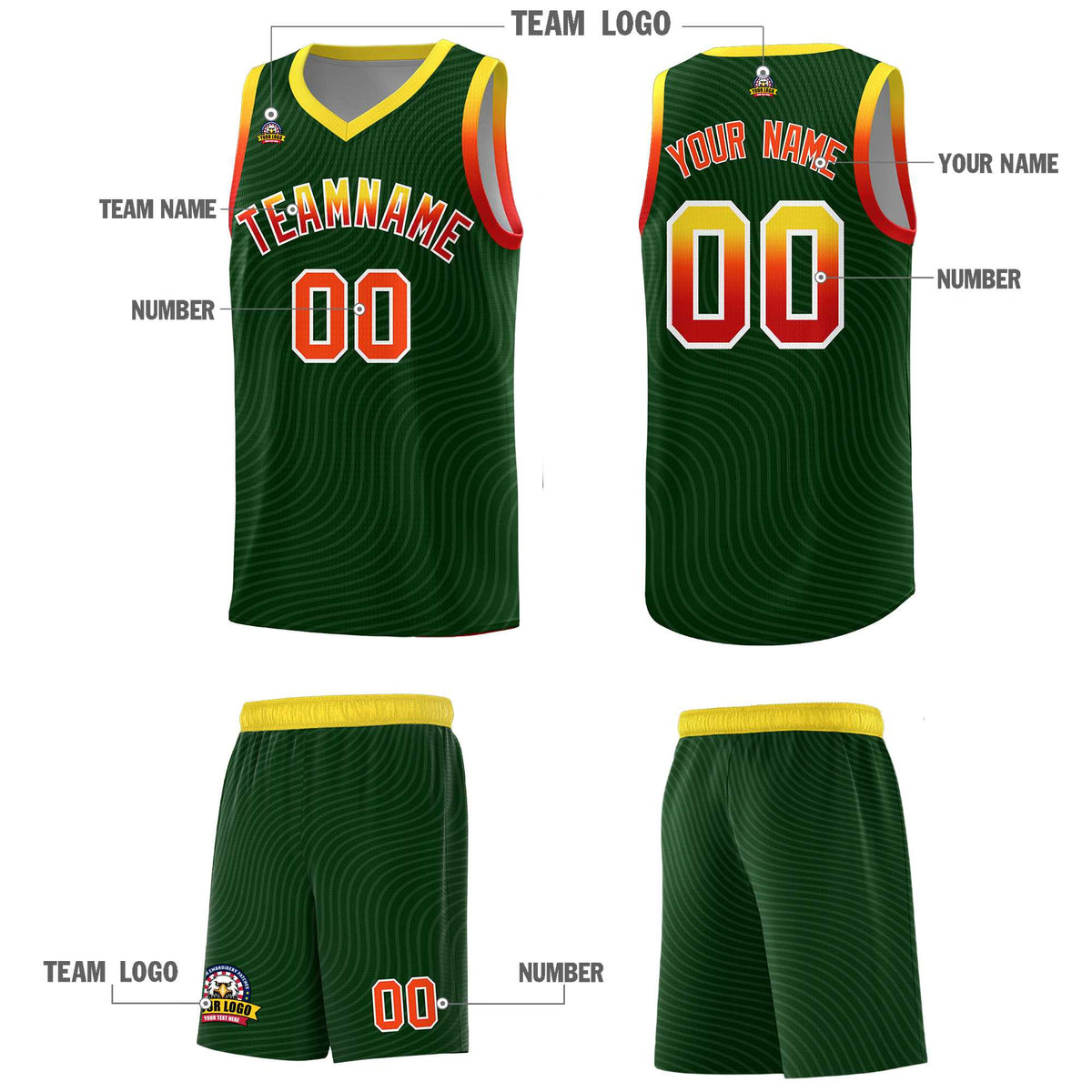 Custom Hunter Green Gold Wave Pattern Sports Uniform Basketball Kits