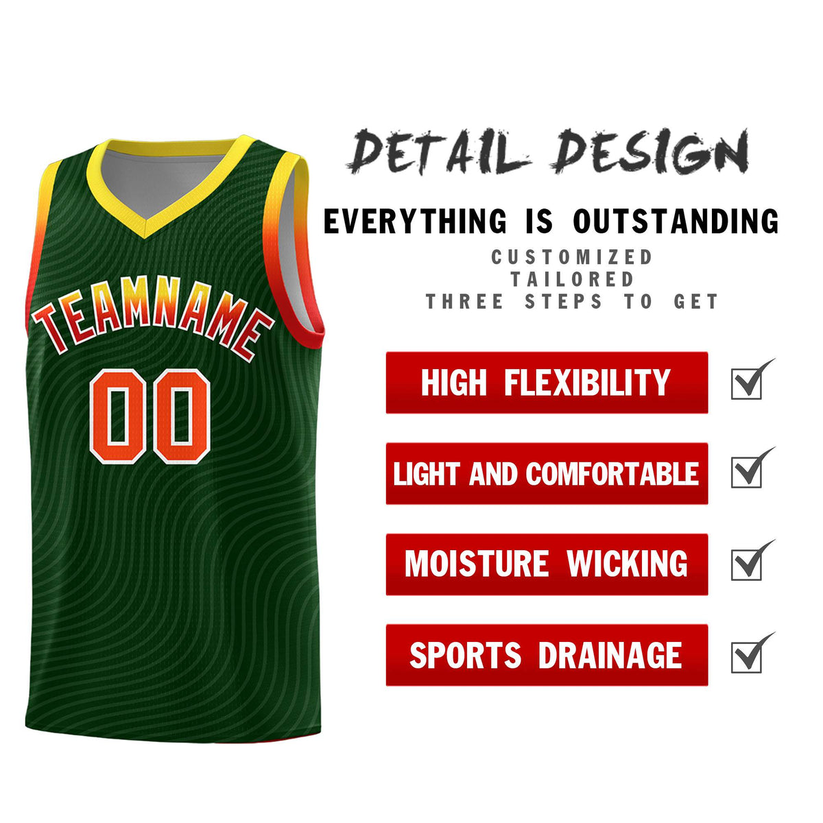 Custom Hunter Green Gold Wave Pattern Sports Uniform Basketball Kits
