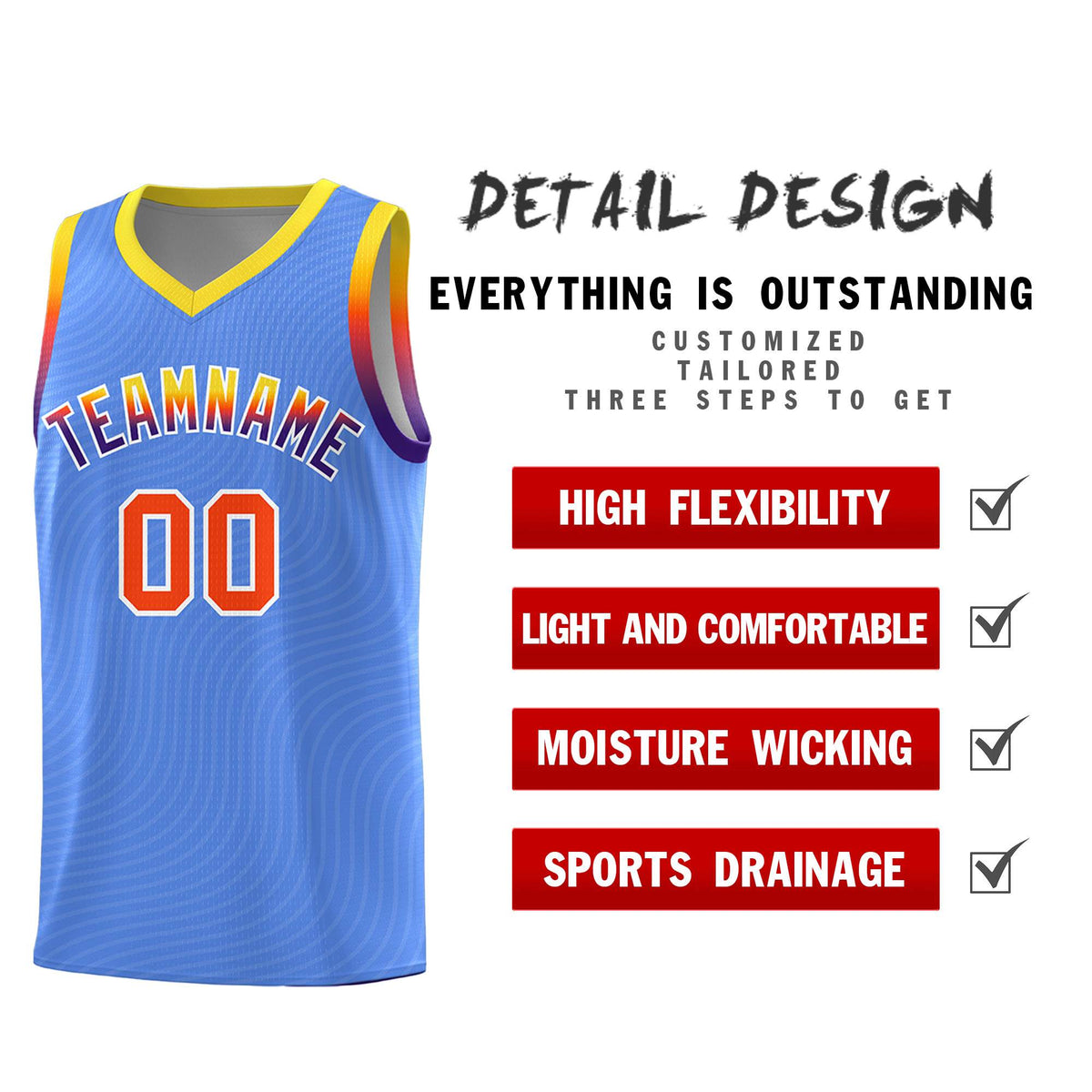 Custom Light Blue Gold Wave Pattern Sports Uniform Basketball Kits