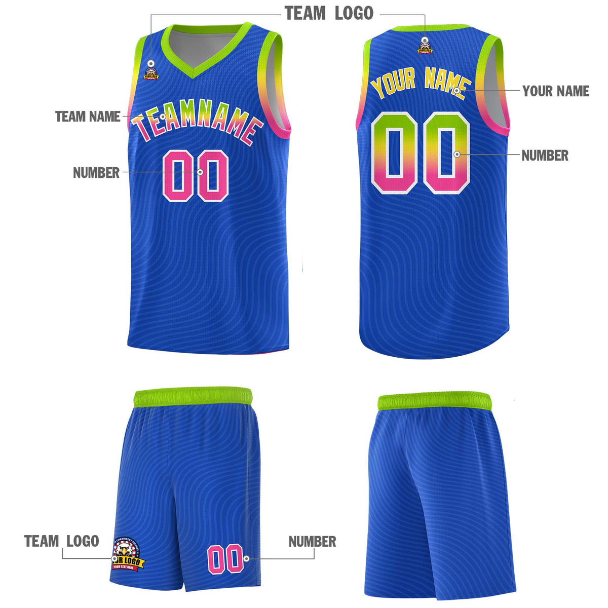 Custom Royal Blue Neon Green Wave Pattern Sports Uniform Basketball Kits