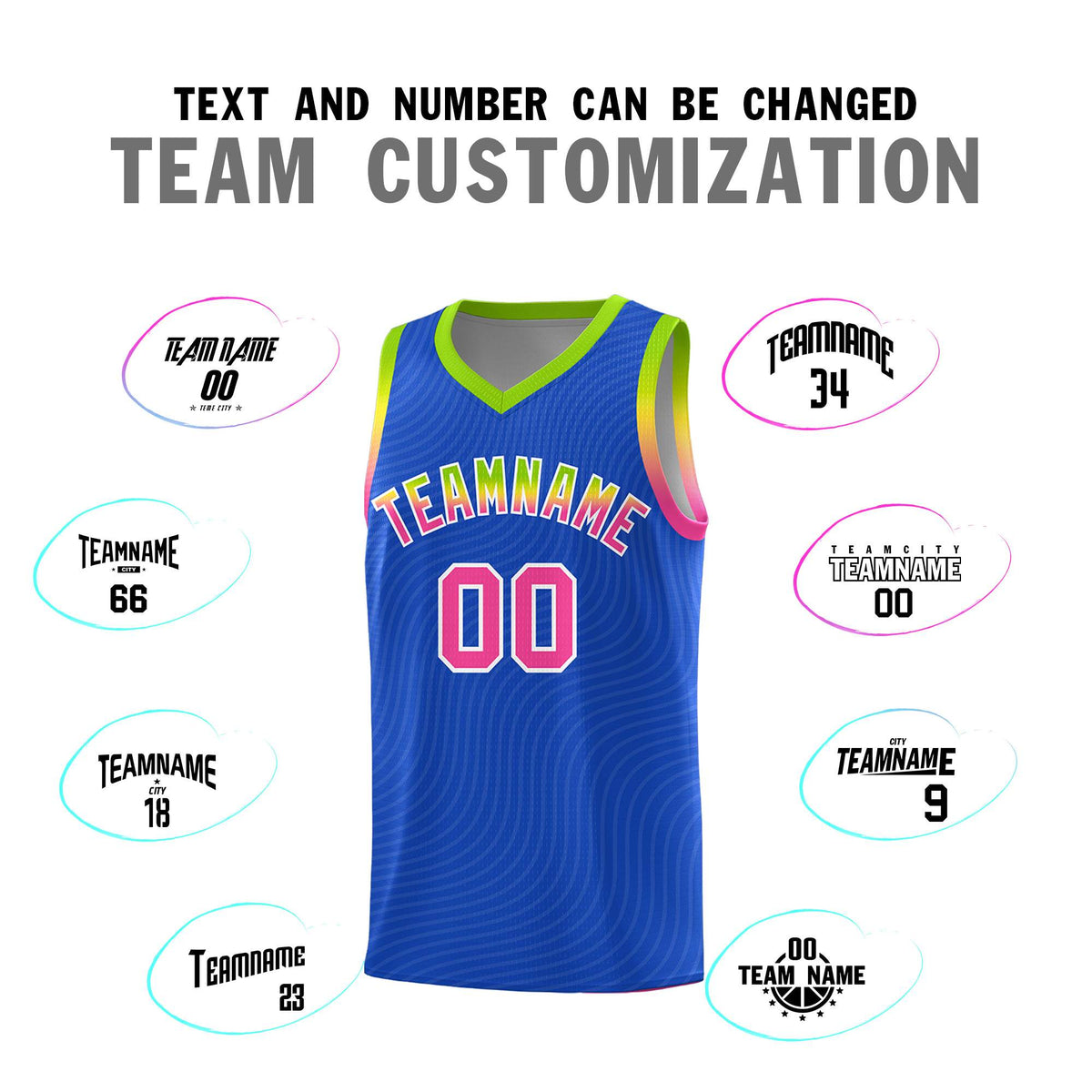 Custom Royal Blue Neon Green Wave Pattern Sports Uniform Basketball Kits