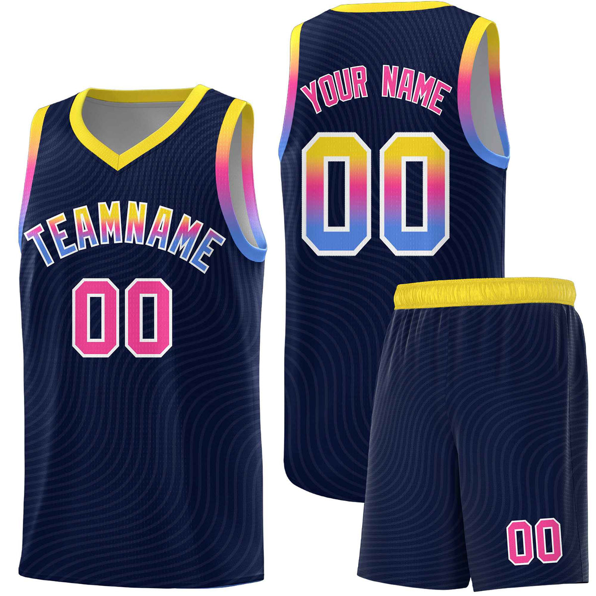 Custom Navy Gold Wave Pattern Sports Uniform Basketball Kits