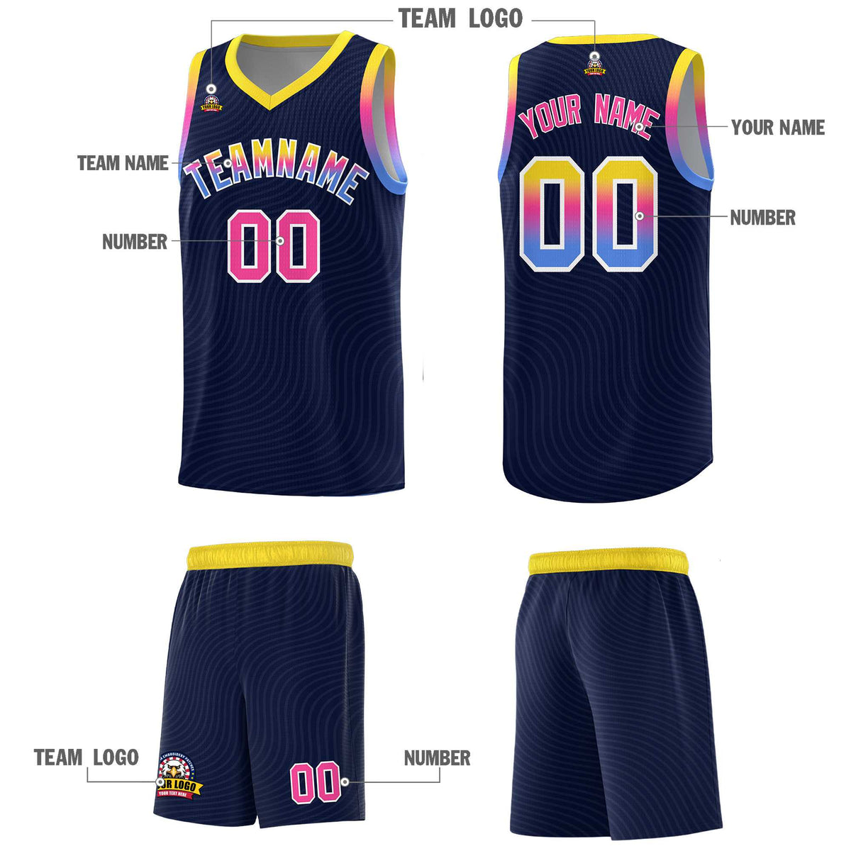 Custom Navy Gold Wave Pattern Sports Uniform Basketball Kits