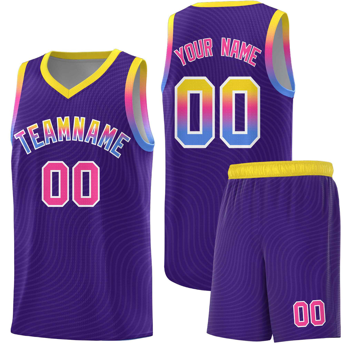 Custom Purple Gold Wave Pattern Sports Uniform Basketball Kits