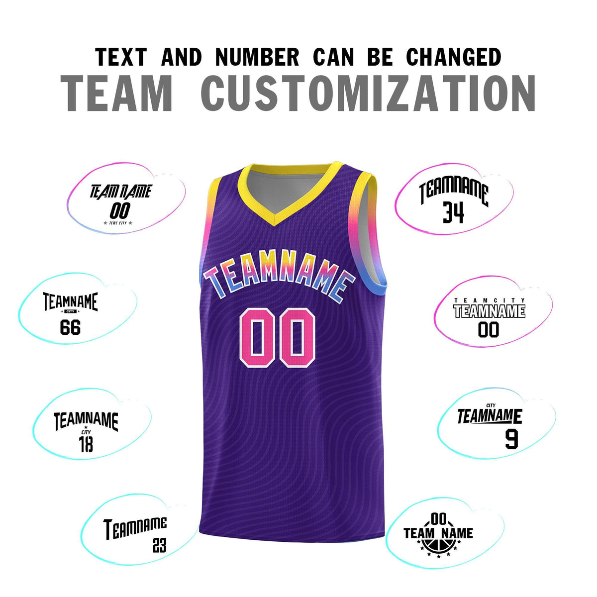 Custom Purple Gold Wave Pattern Sports Uniform Basketball Kits