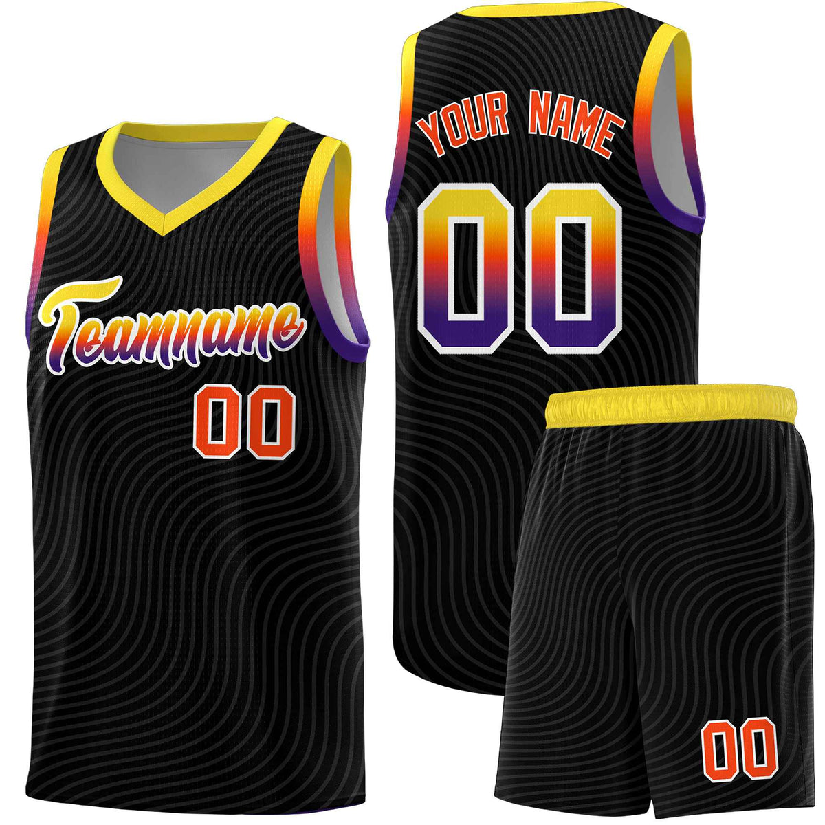 Custom Black Gold Wave Pattern Sports Uniform Basketball Kits