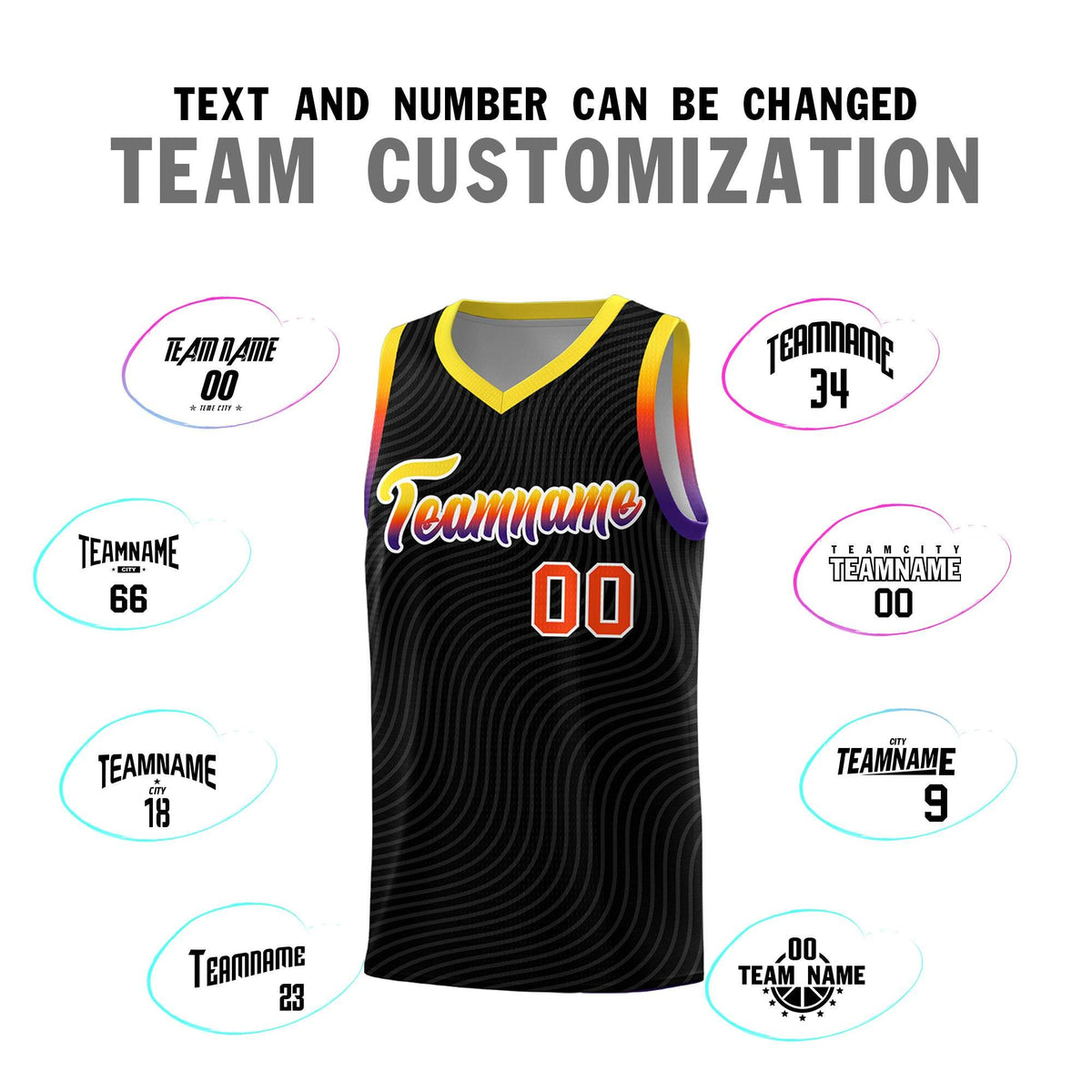 Custom Black Gold Wave Pattern Sports Uniform Basketball Kits