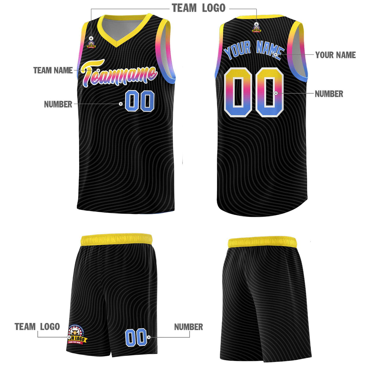 Custom Black Gold Wave Pattern Sports Uniform Basketball Kits