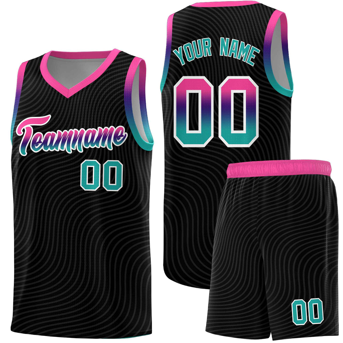 Custom Black Pink Wave Pattern Sports Uniform Basketball Kits
