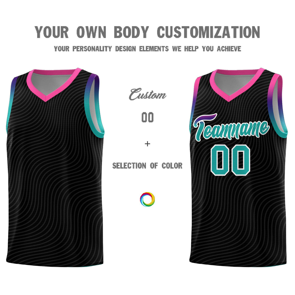 Custom Black Pink Wave Pattern Sports Uniform Basketball Kits