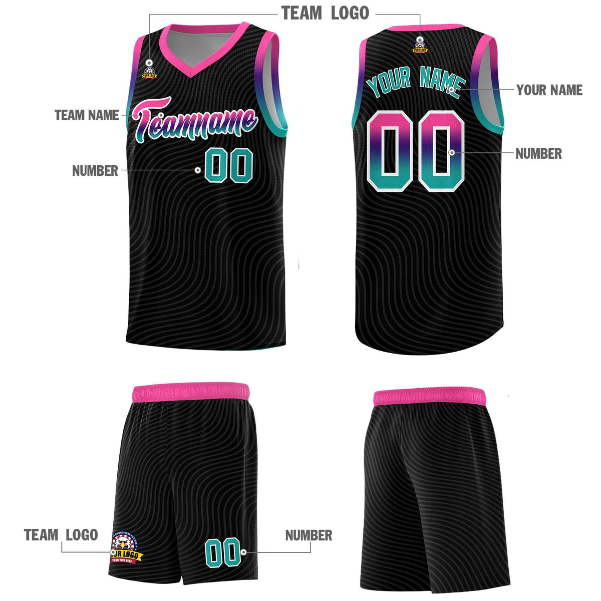 Custom Black Pink Wave Pattern Sports Uniform Basketball Kits