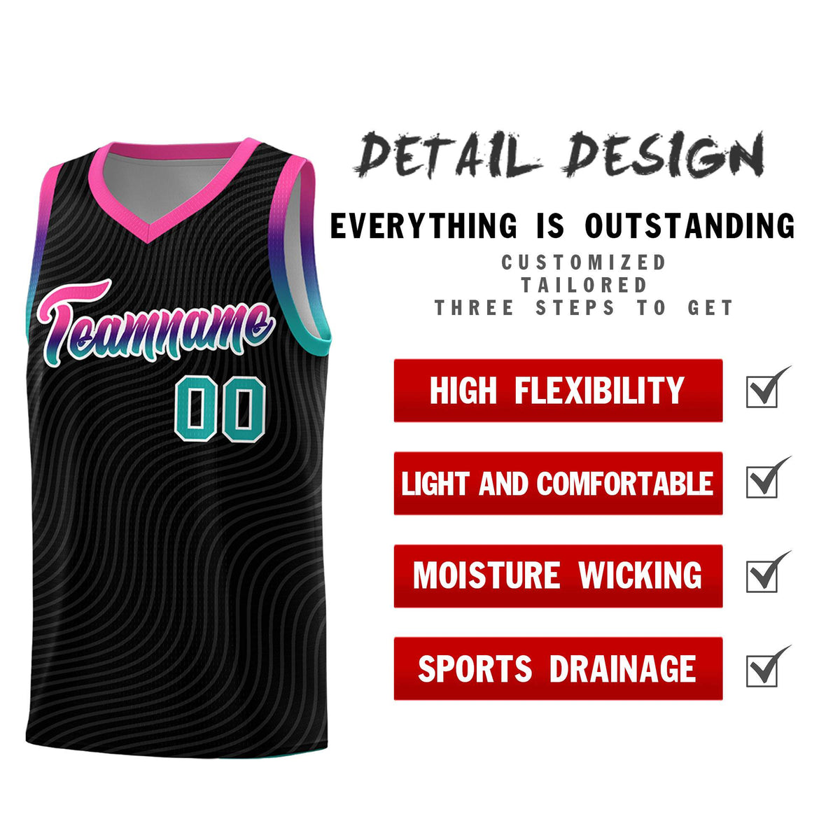 Custom Black Pink Wave Pattern Sports Uniform Basketball Kits