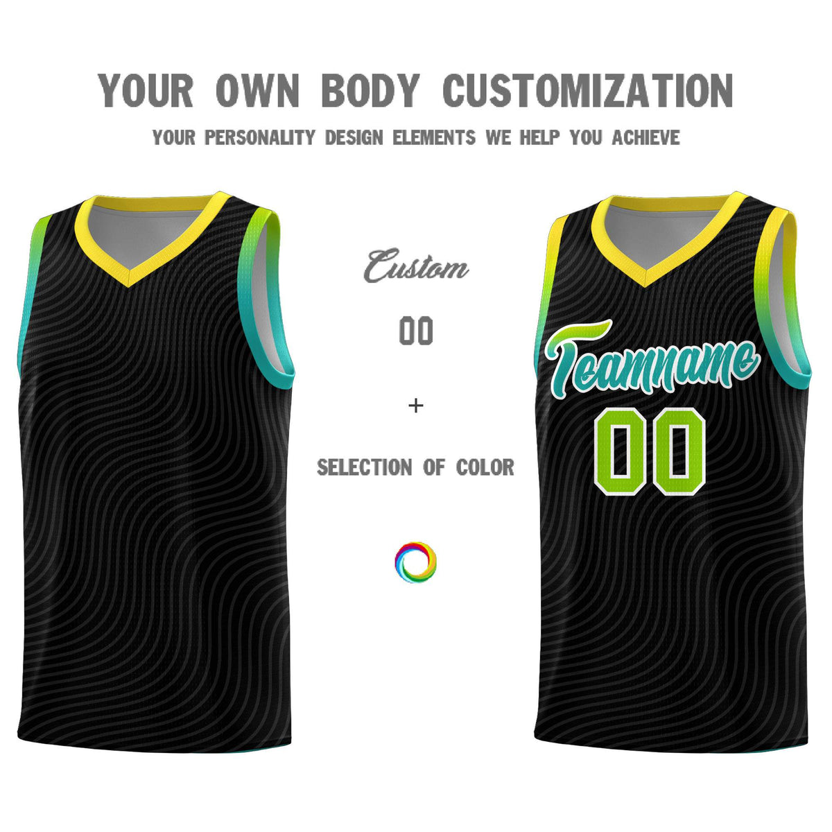 Custom Black Gold Wave Pattern Sports Uniform Basketball Kits