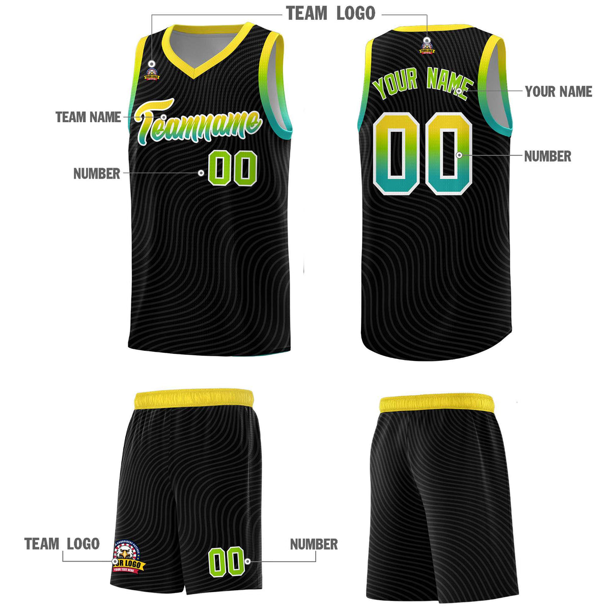 Custom Black Gold Wave Pattern Sports Uniform Basketball Kits