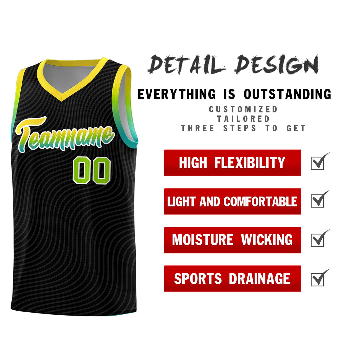 Custom Black Gold Wave Pattern Sports Uniform Basketball Kits