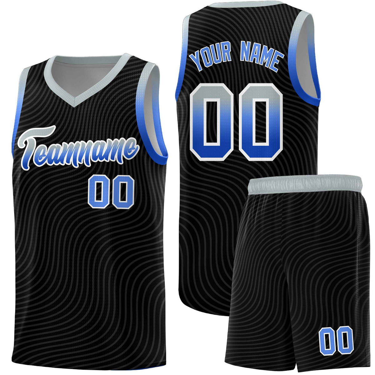 Custom Black Gray Wave Pattern Sports Uniform Basketball Kits
