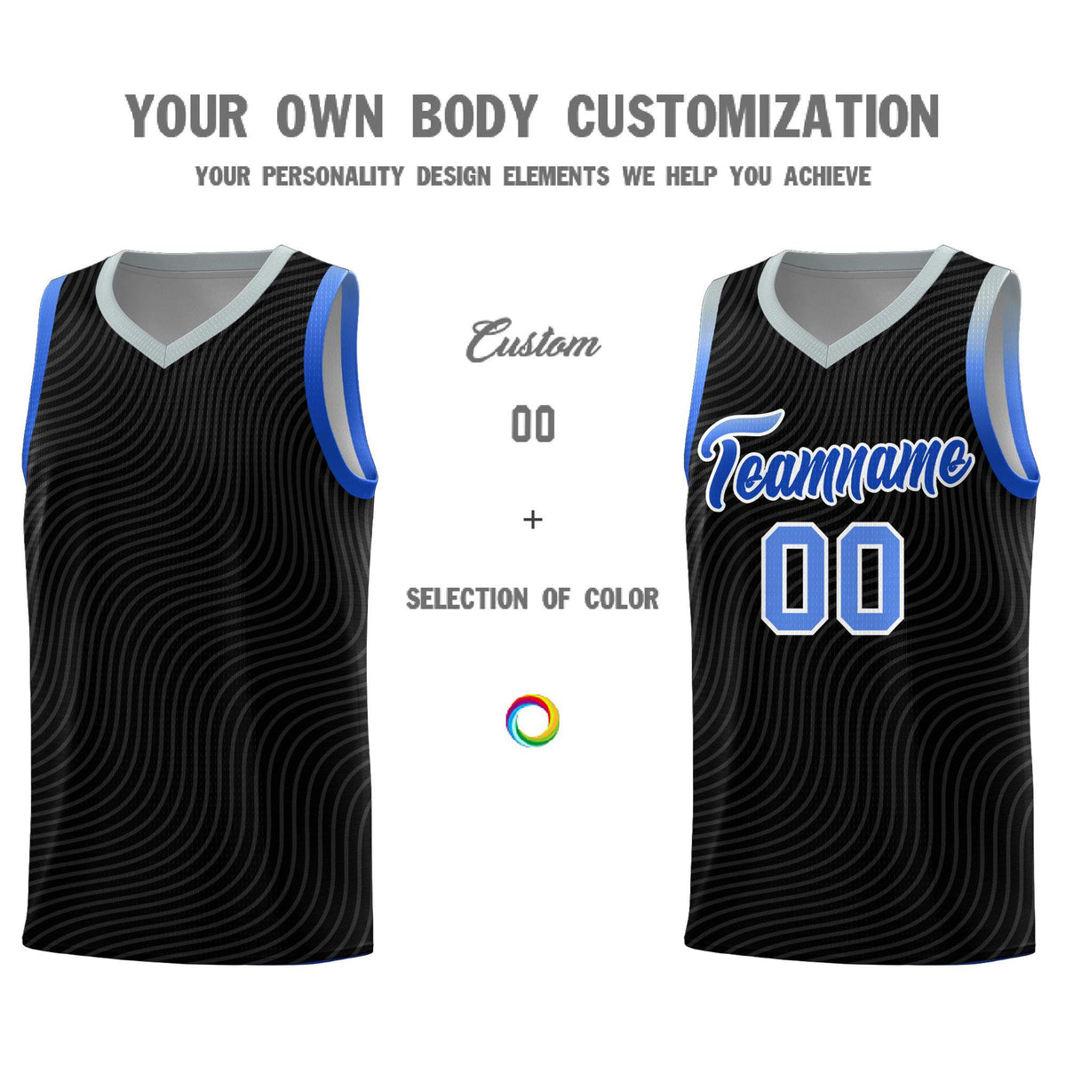 Custom Black Gray Wave Pattern Sports Uniform Basketball Kits