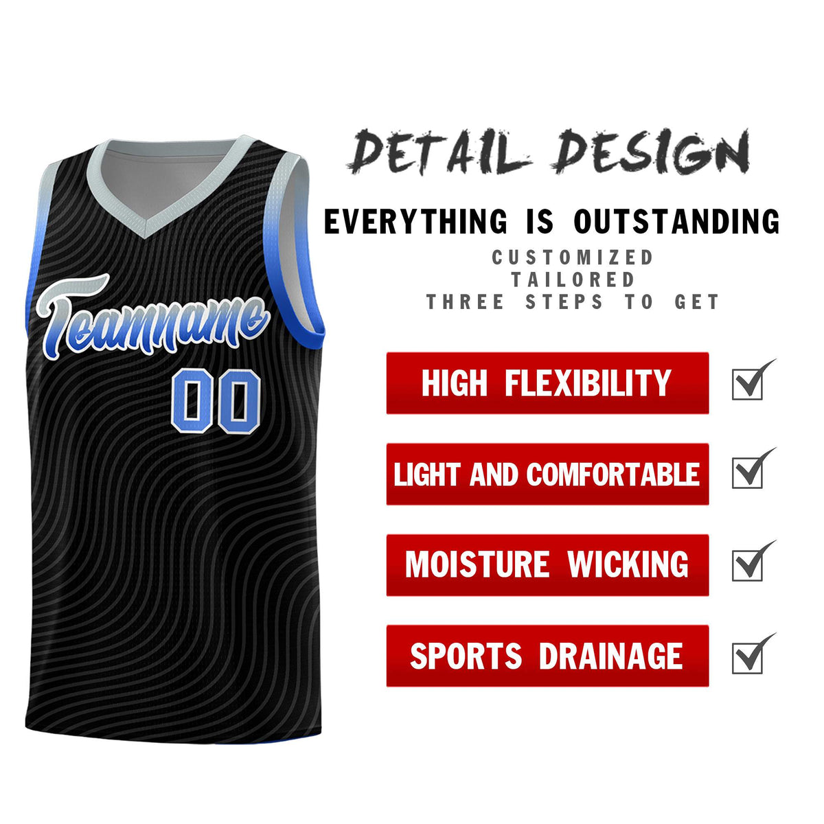 Custom Black Gray Wave Pattern Sports Uniform Basketball Kits