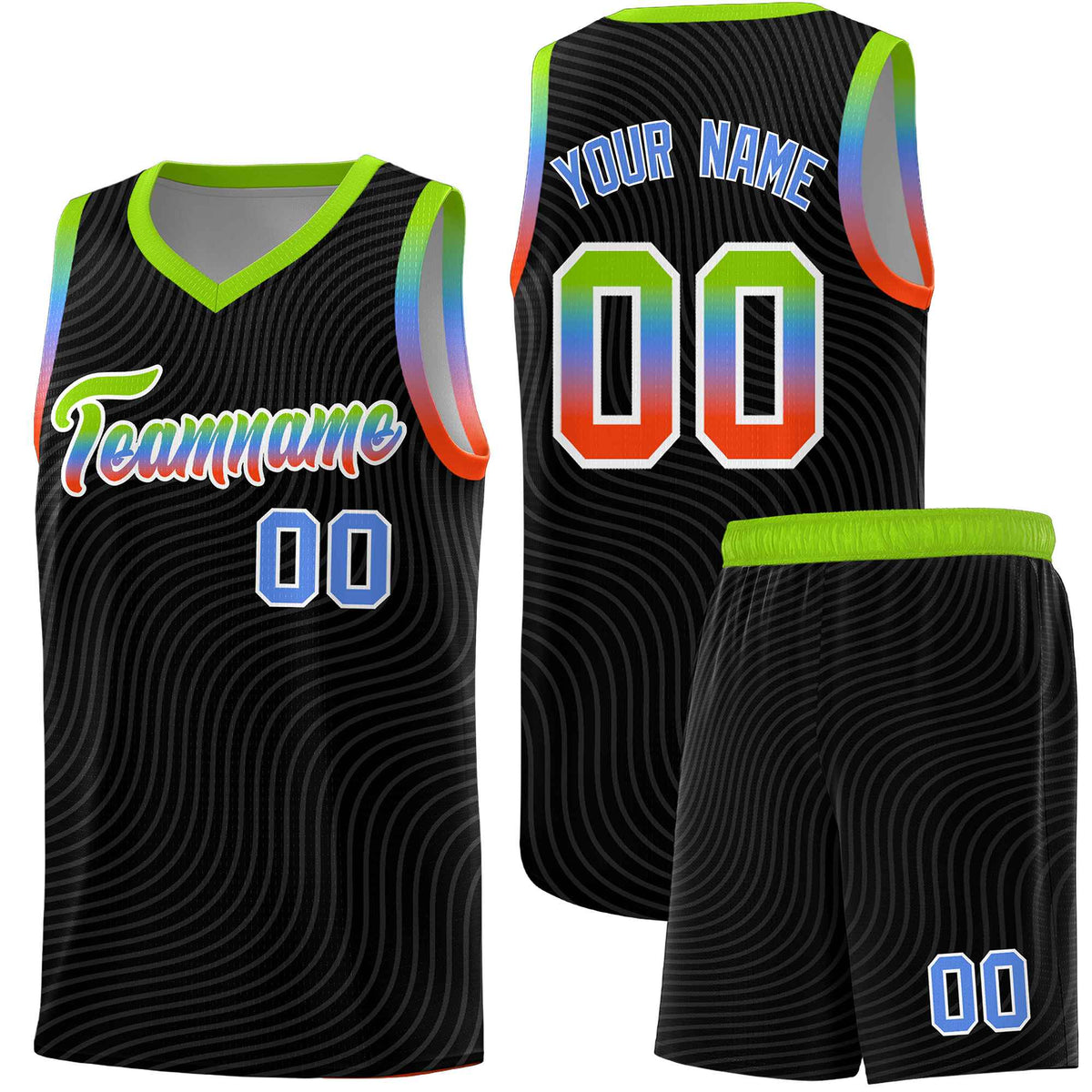 Custom Black Neon Green Wave Pattern Sports Uniform Basketball Kits