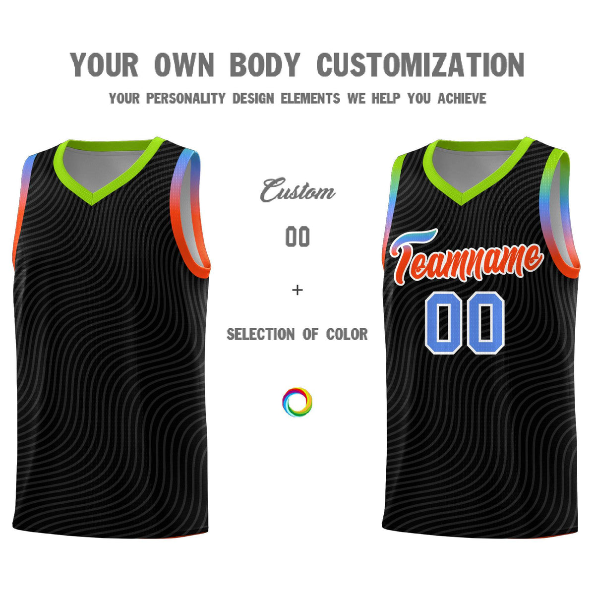 Custom Black Neon Green Wave Pattern Sports Uniform Basketball Kits