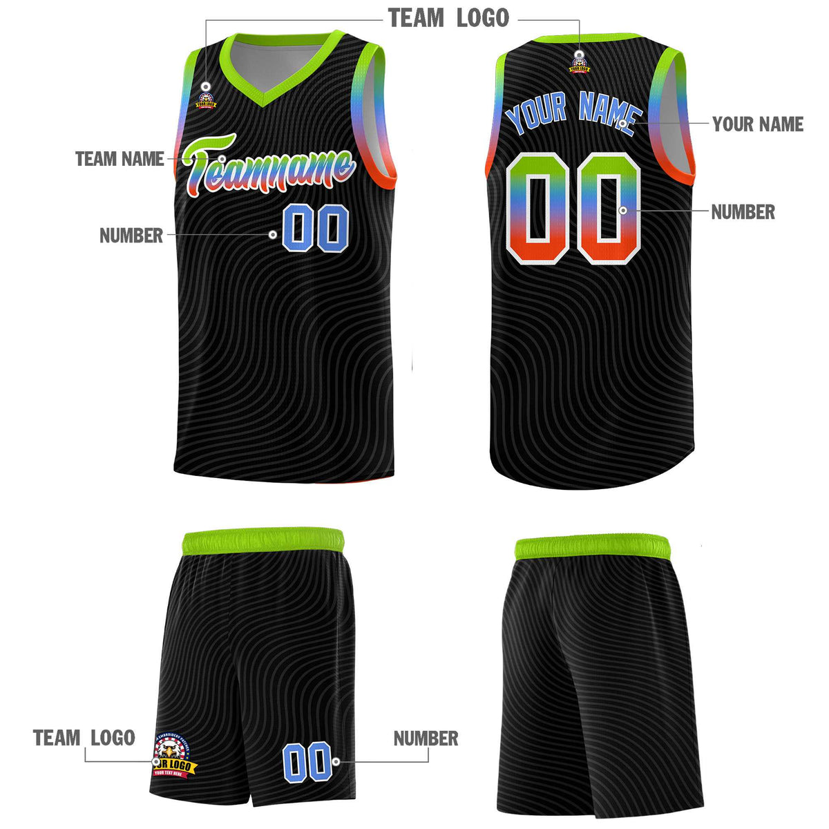 Custom Black Neon Green Wave Pattern Sports Uniform Basketball Kits