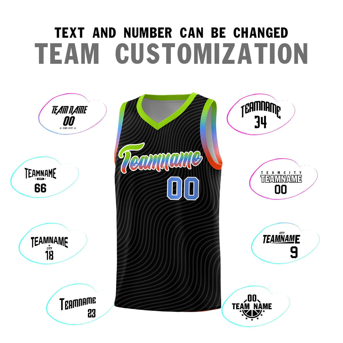 Custom Black Neon Green Wave Pattern Sports Uniform Basketball Kits