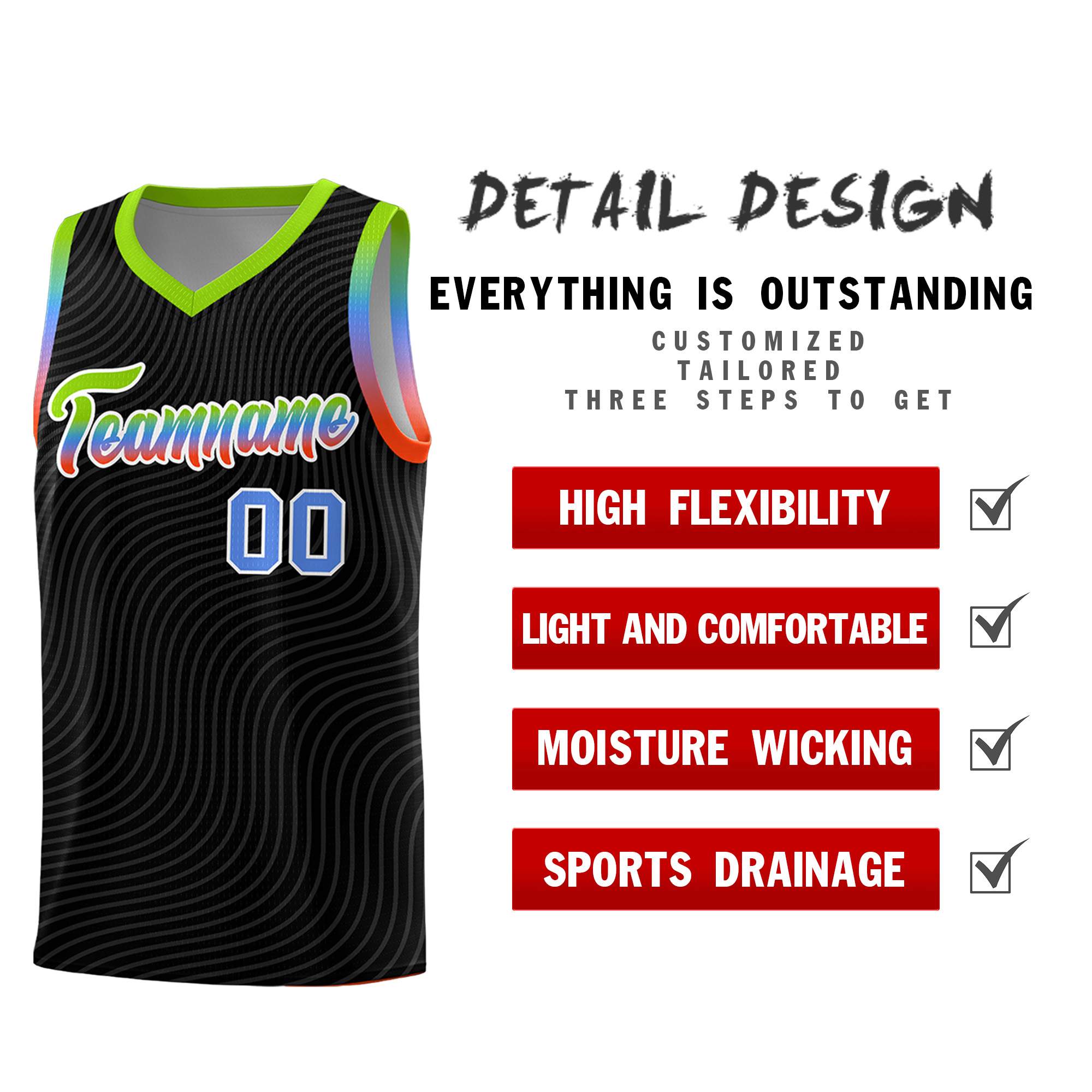 Custom Black Neon Green Wave Pattern Sports Uniform Basketball Kits