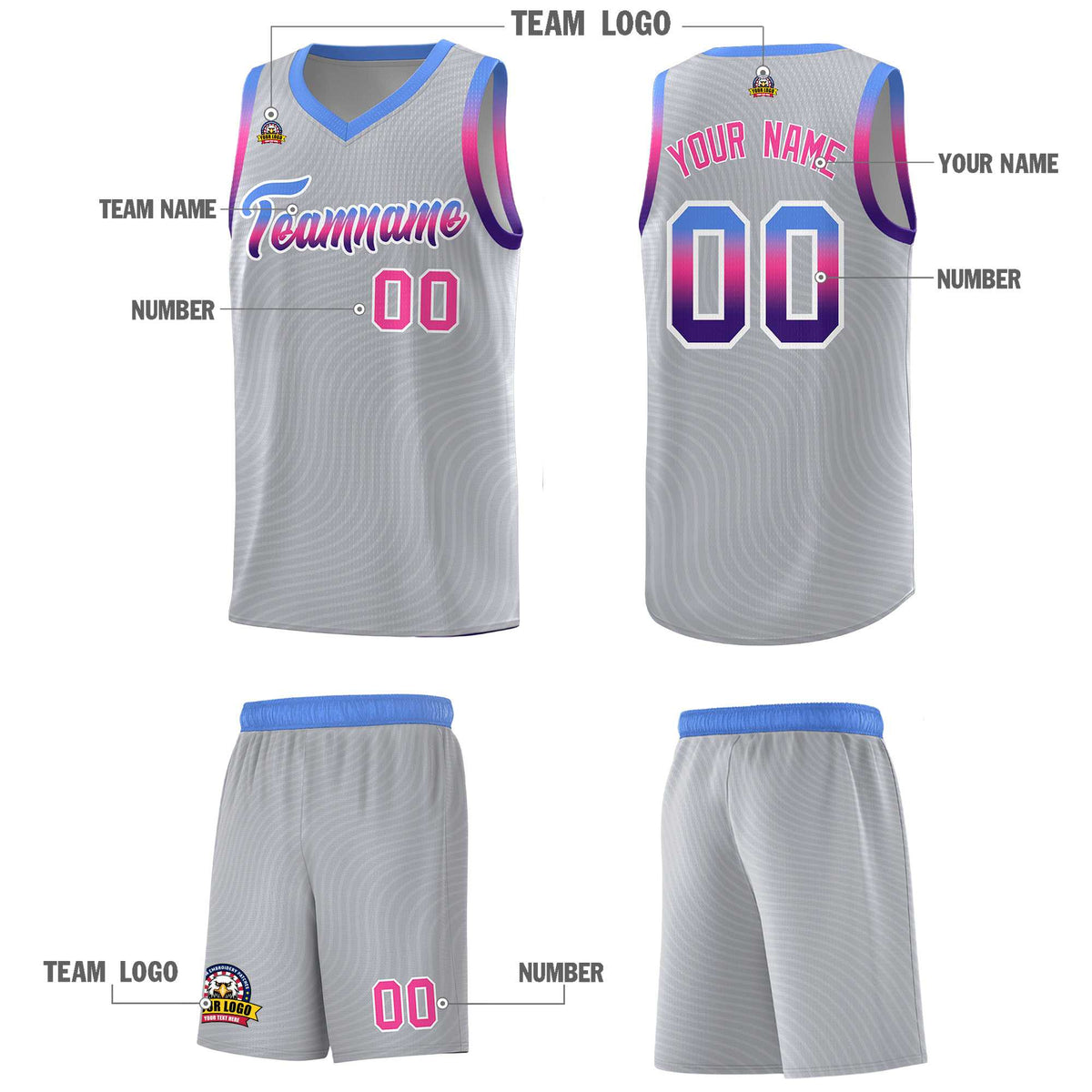Custom Gray Light Blue Wave Pattern Sports Uniform Basketball Kits