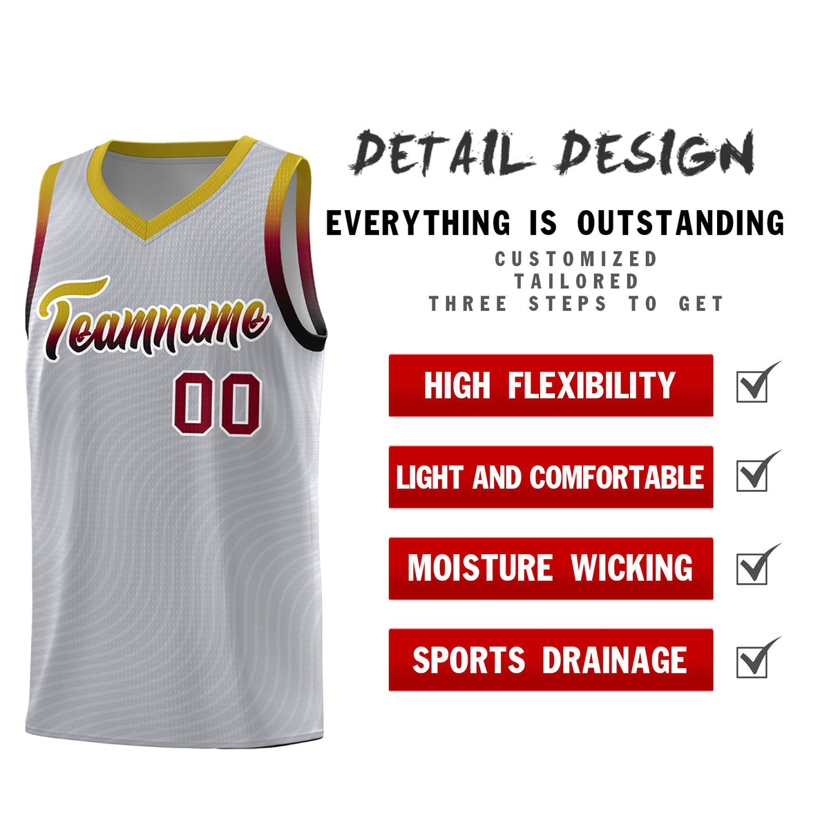 Custom Gray Old Gold Wave Pattern Sports Uniform Basketball Kits