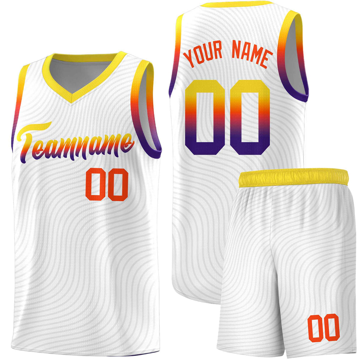 Custom White Gold Wave Pattern Sports Uniform Basketball Kits