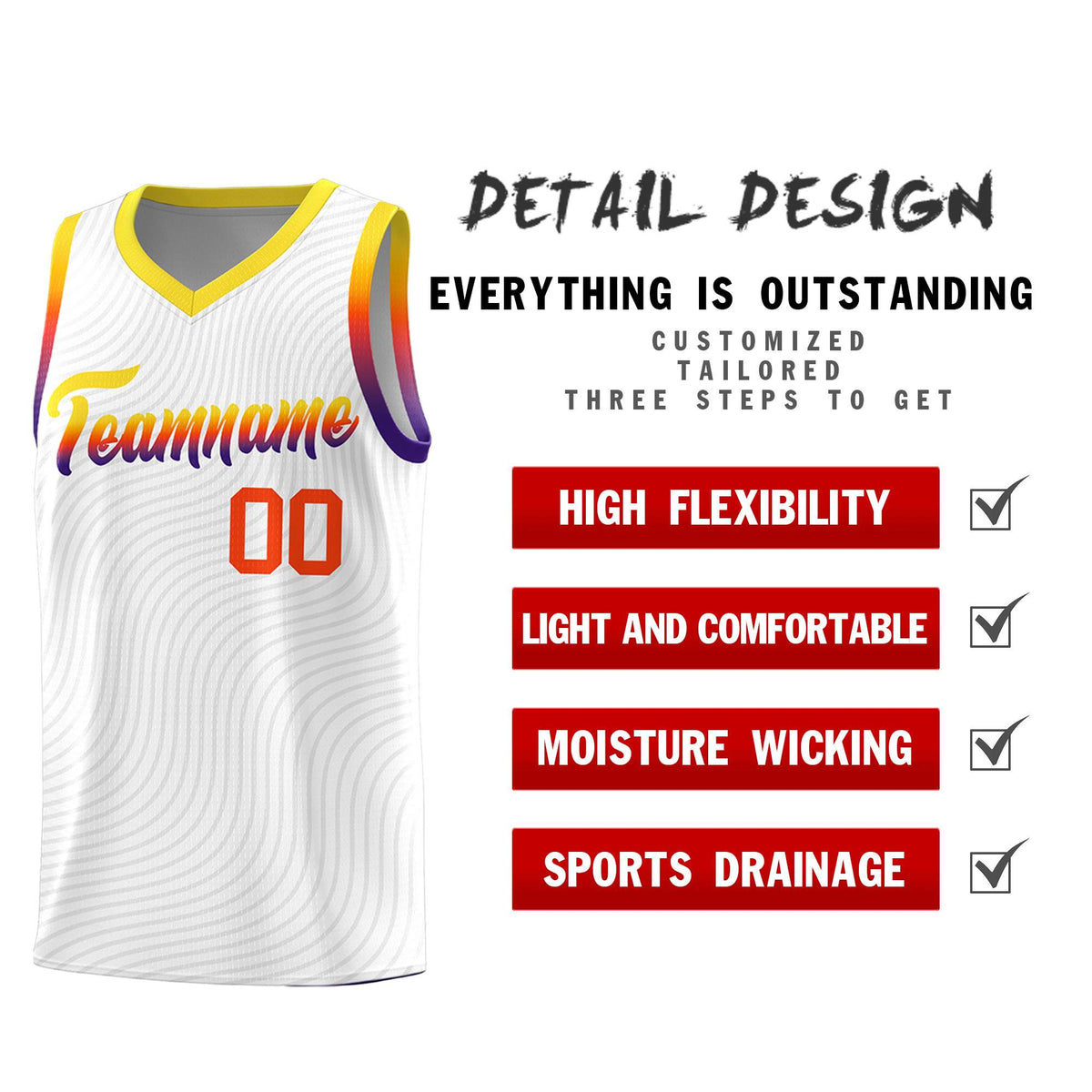 Custom White Gold Wave Pattern Sports Uniform Basketball Kits