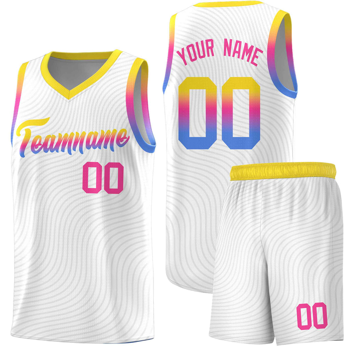 Custom White Gold Wave Pattern Sports Uniform Basketball Kits