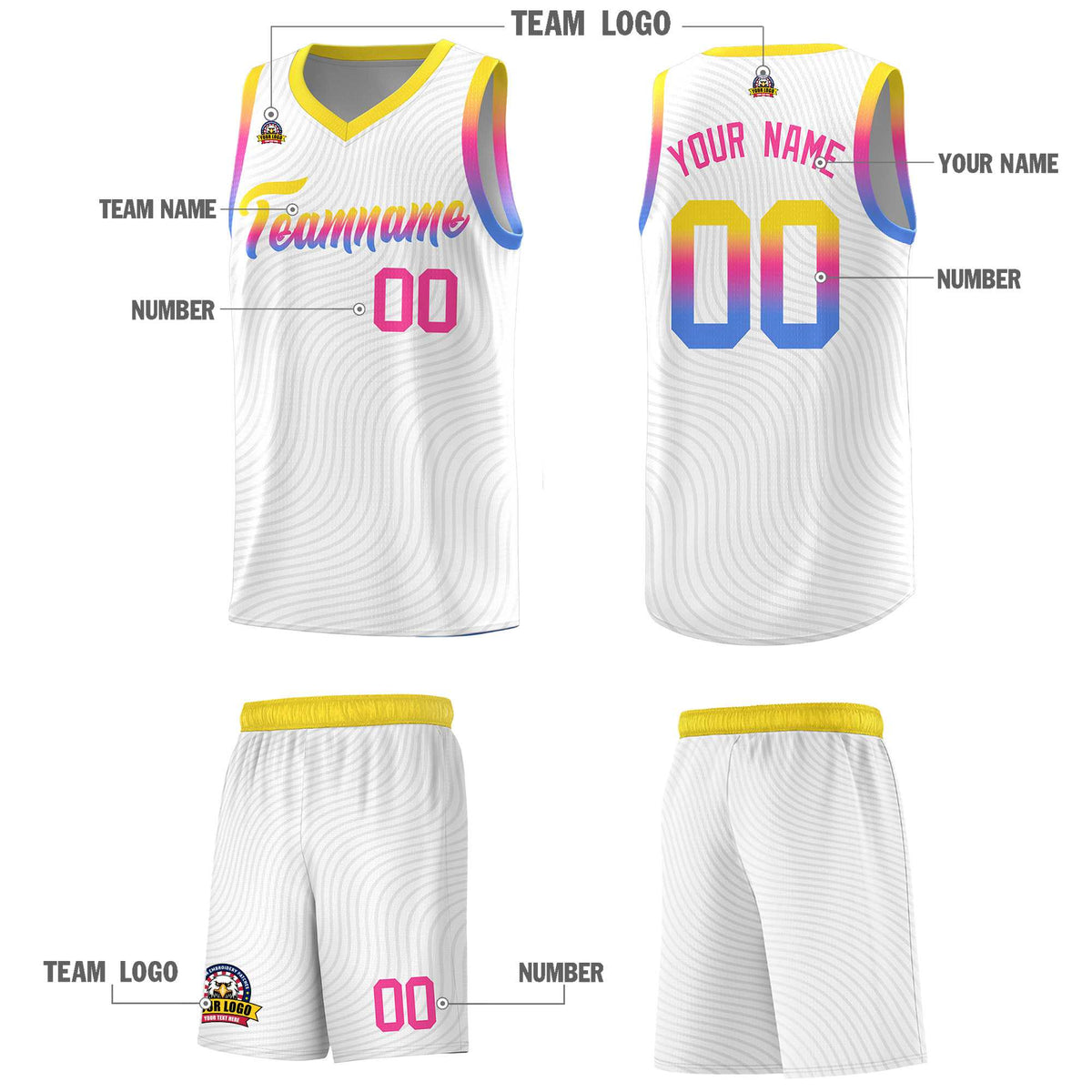 Custom White Gold Wave Pattern Sports Uniform Basketball Kits