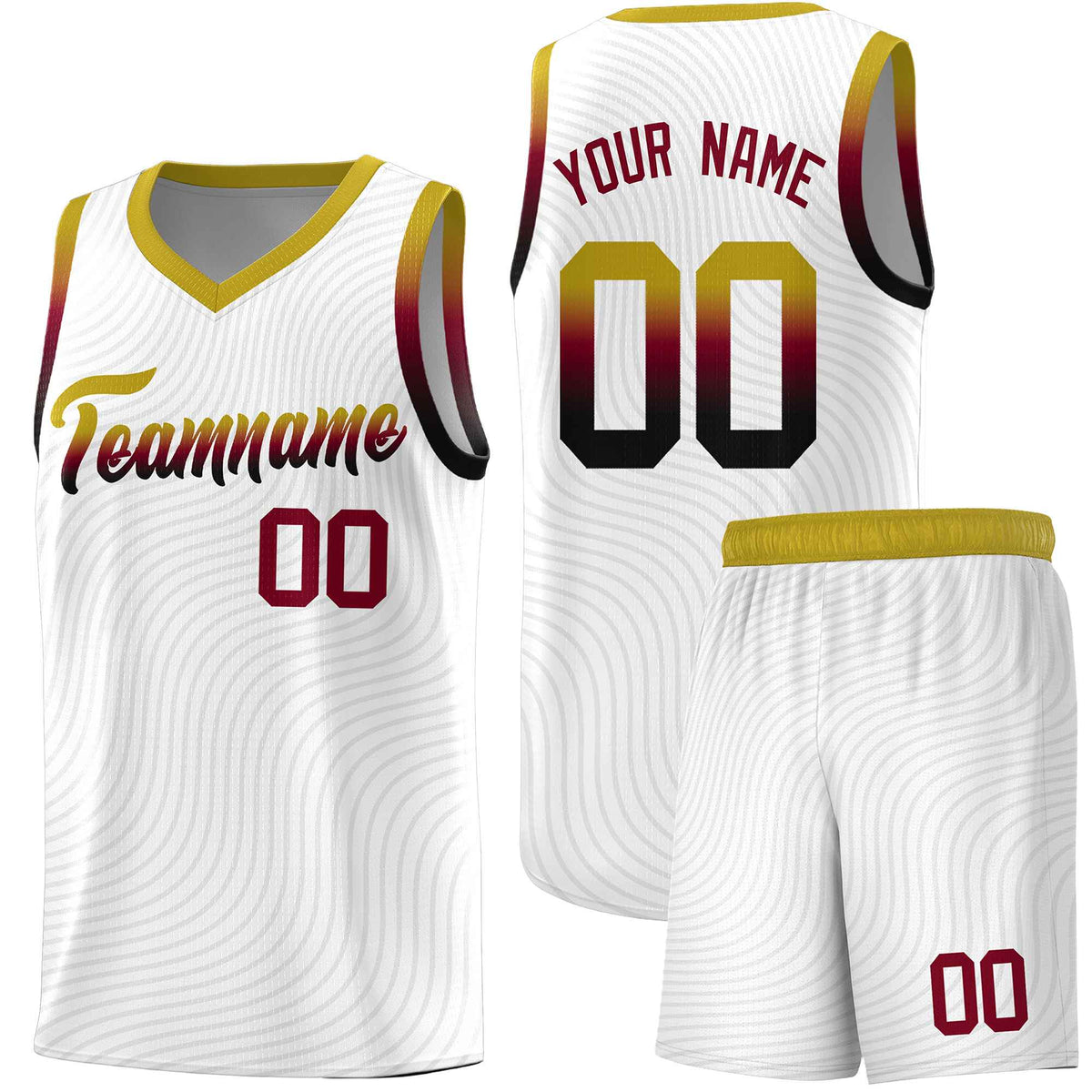 Custom White Old Gold Wave Pattern Sports Uniform Basketball Kits