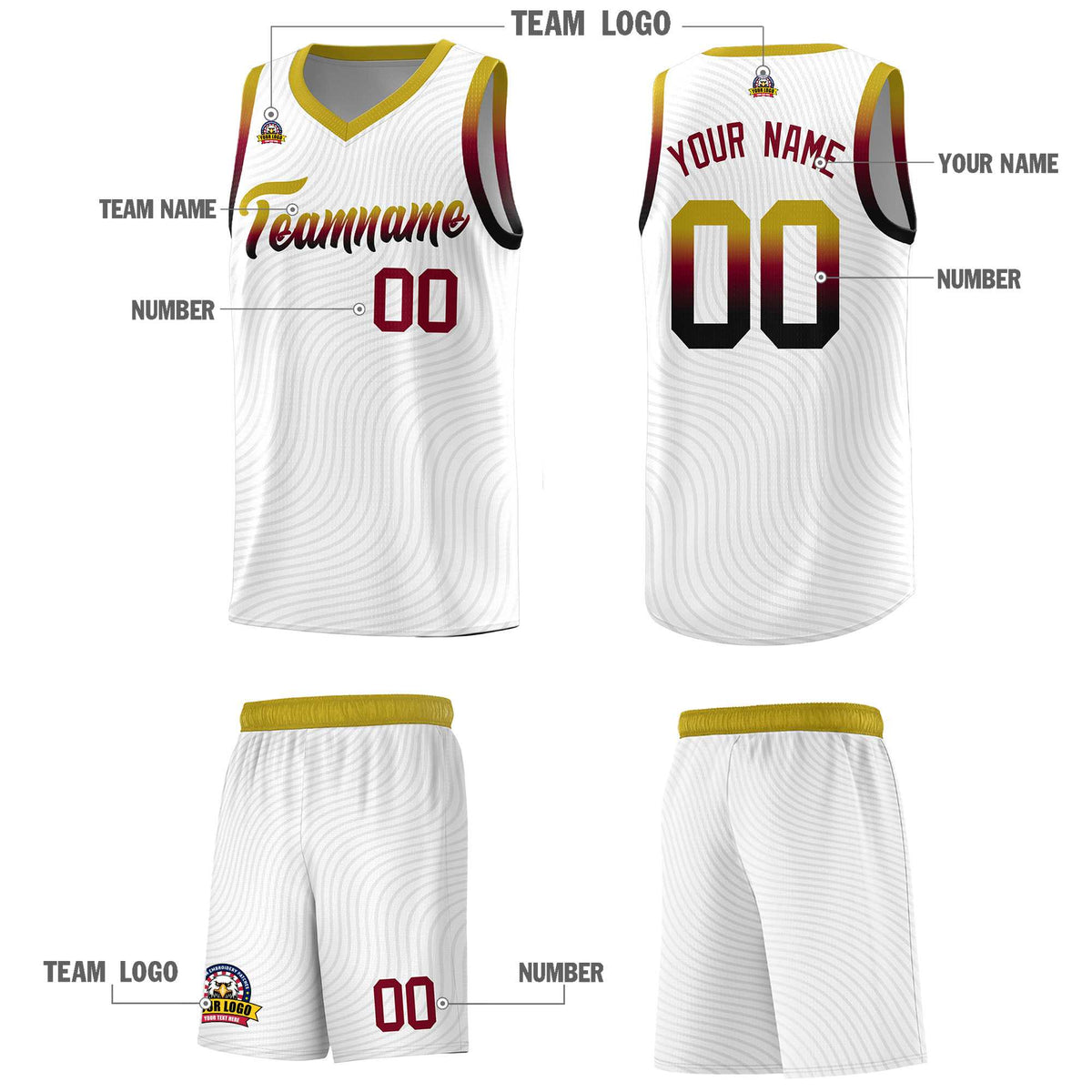Custom White Old Gold Wave Pattern Sports Uniform Basketball Kits