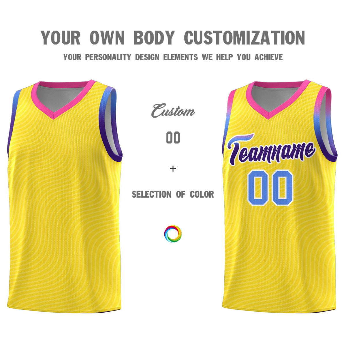 Custom Gold Pink Wave Pattern Sports Uniform Basketball Kits