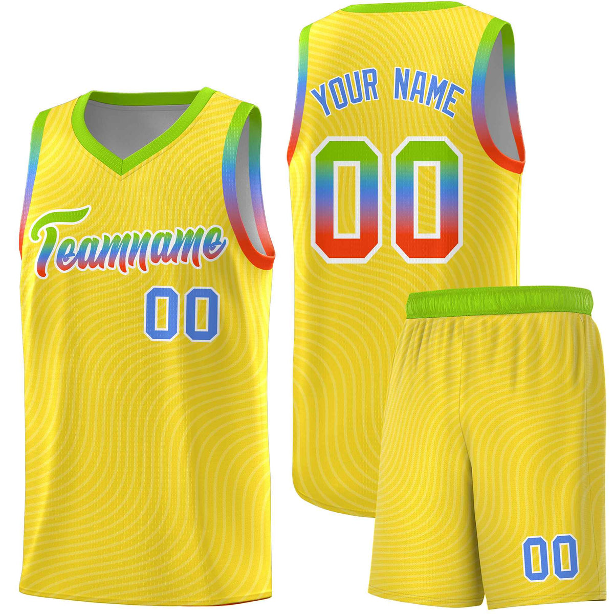 Custom Gold Neon Green Wave Pattern Sports Uniform Basketball Kits