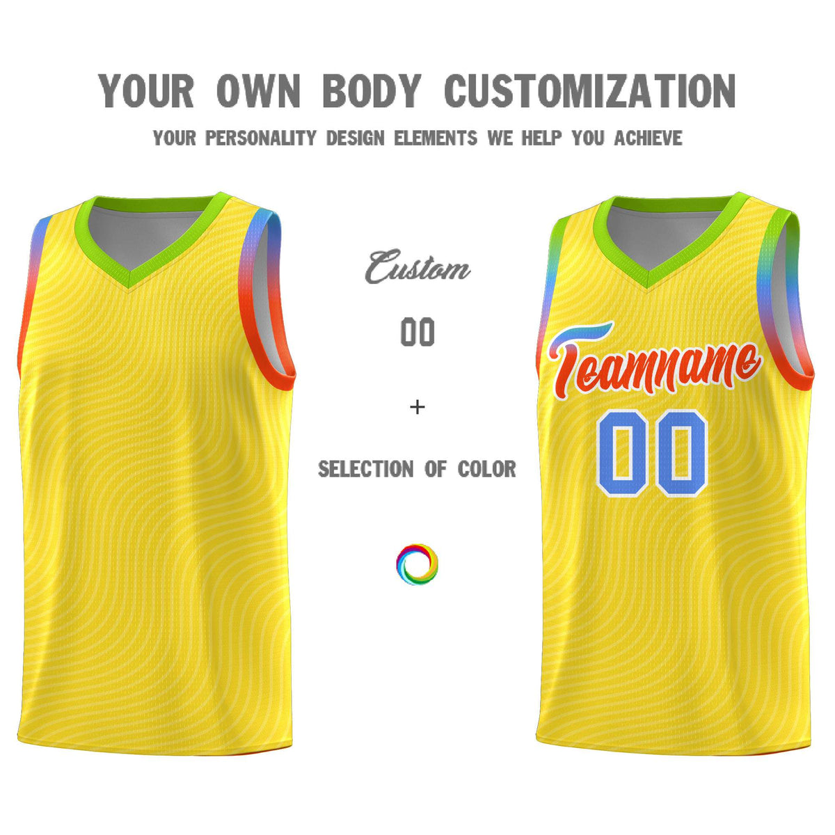 Custom Gold Neon Green Wave Pattern Sports Uniform Basketball Kits