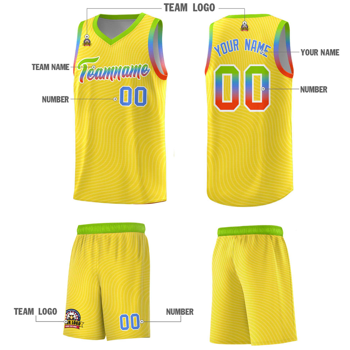 Custom Gold Neon Green Wave Pattern Sports Uniform Basketball Kits