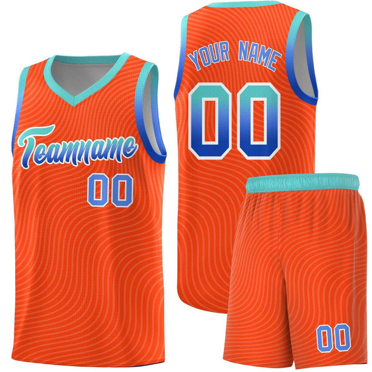 Custom Orange Bright Green Wave Pattern Sports Uniform Basketball Kits