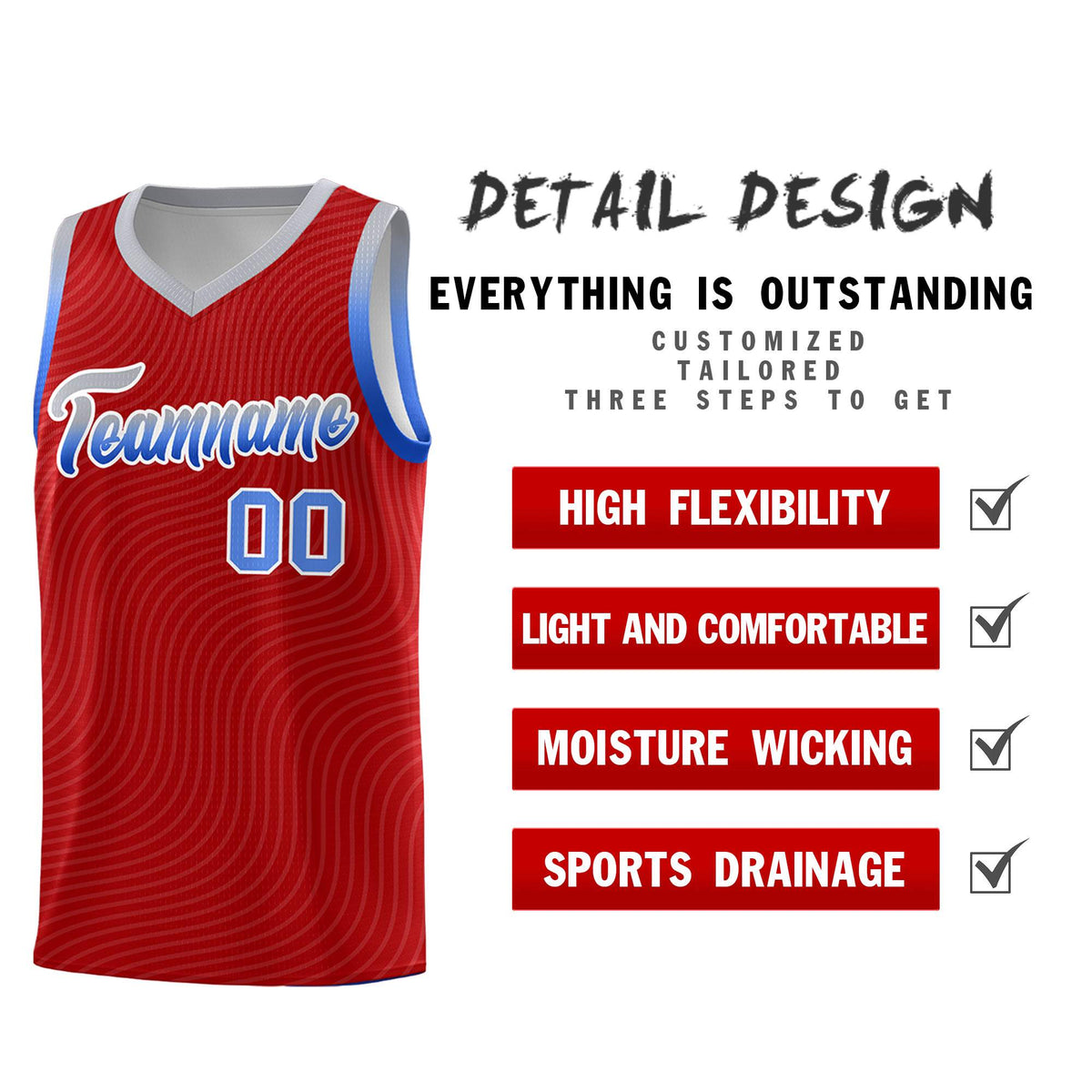 Custom Red Gray Wave Pattern Sports Uniform Basketball Kits