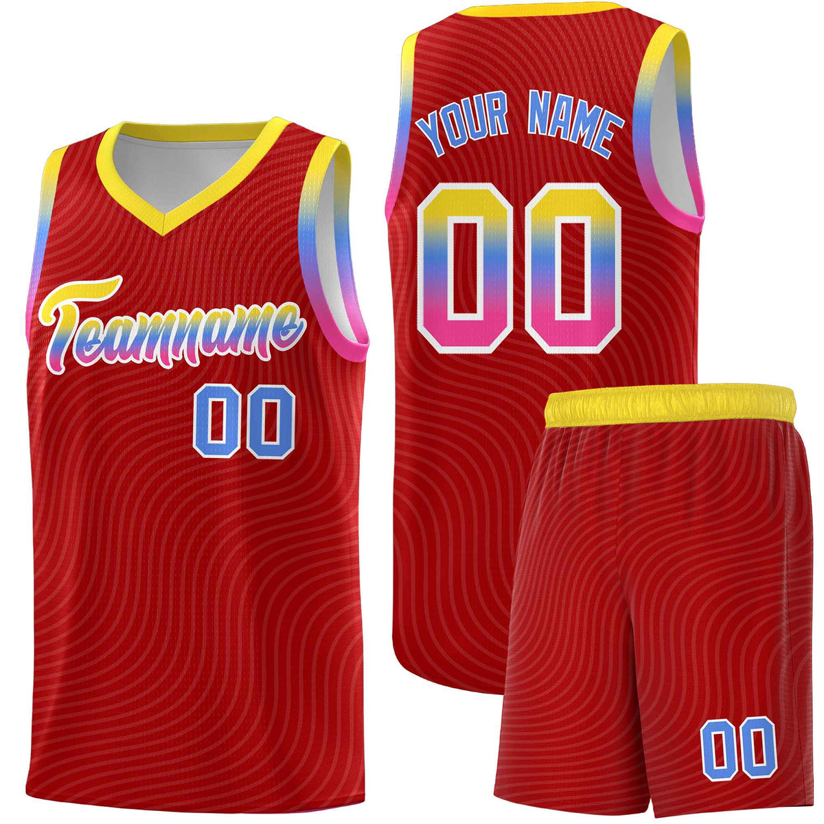 Custom Red Gold Wave Pattern Sports Uniform Basketball Kits