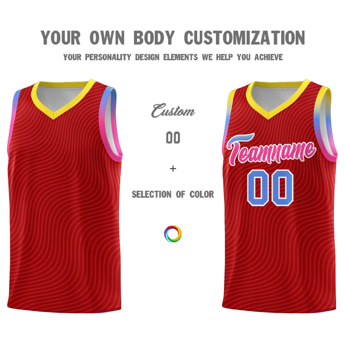 Custom Red Gold Wave Pattern Sports Uniform Basketball Kits