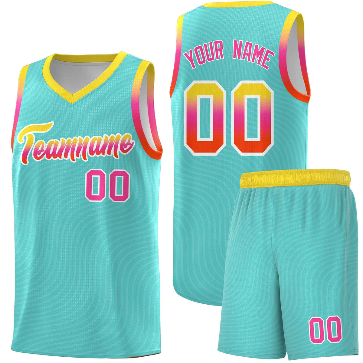 Custom Bright Green Gold Wave Pattern Sports Uniform Basketball Kits