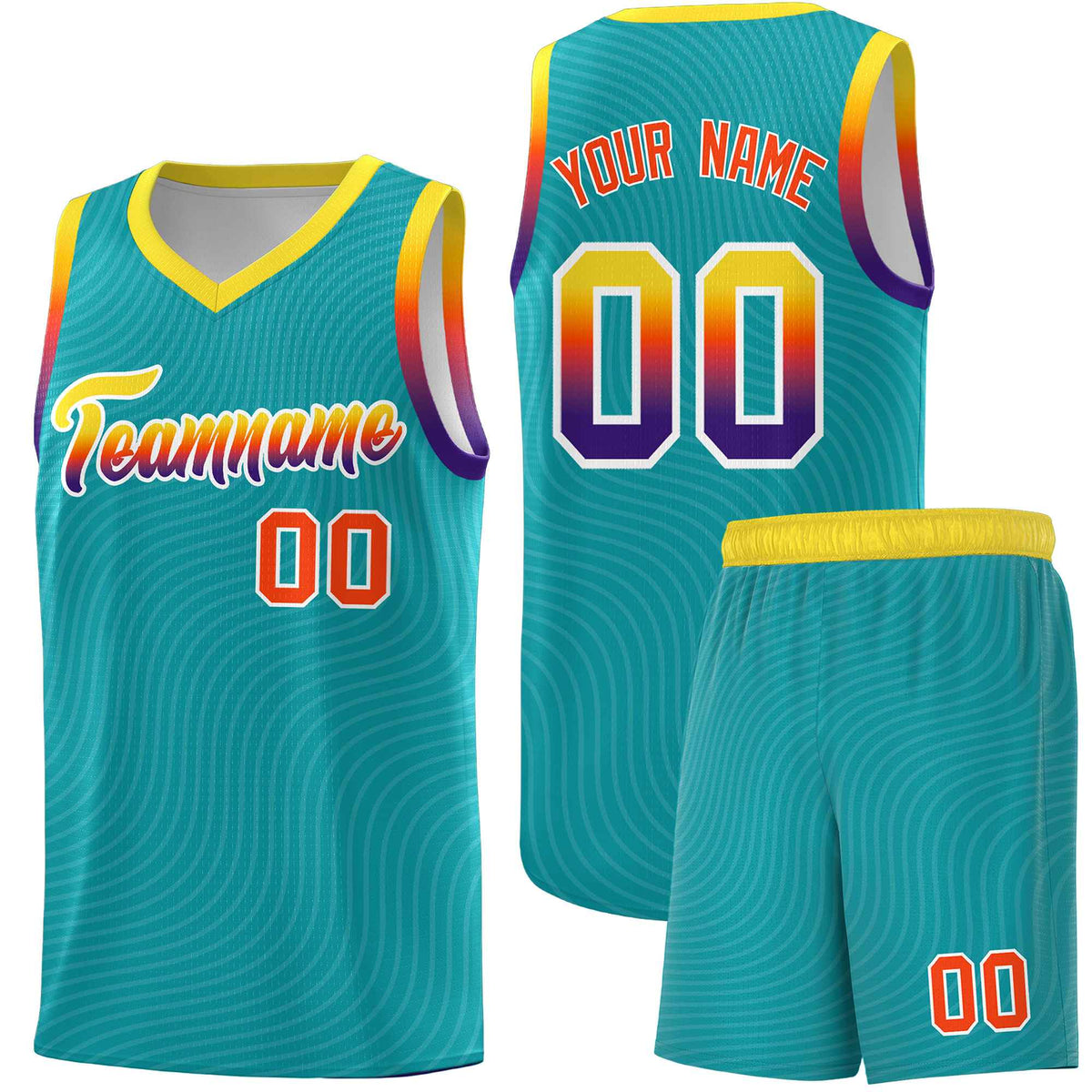 Custom Aqua Gold Wave Pattern Sports Uniform Basketball Kits